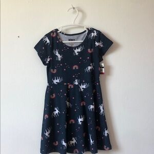 Girls' Navy Unicorn & Rainbow Print Casual Sun Dress